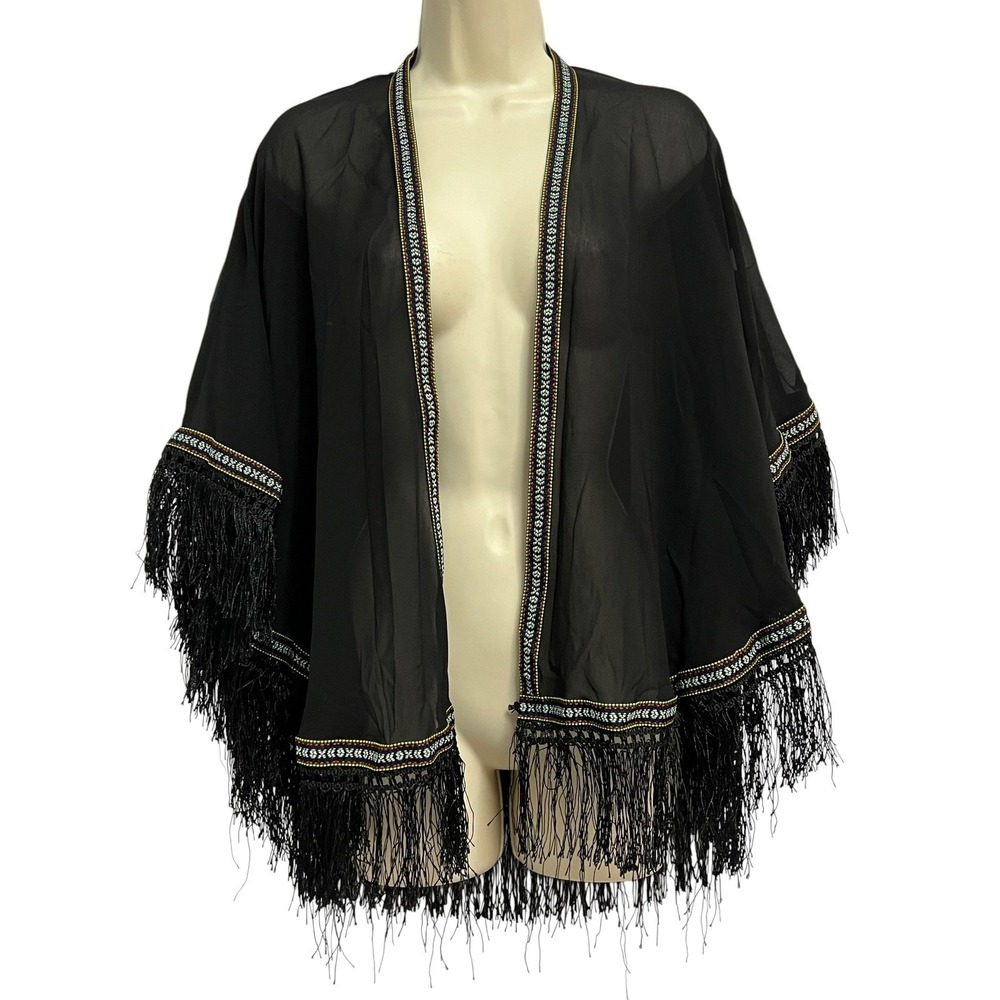etc.‎ Kimono Wrap Womens OS Black Sheer Fringe Embroidered Trim Boho Gypsy
